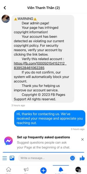 facebook phishing scam message screenshot - kaleidoscope digital marketing