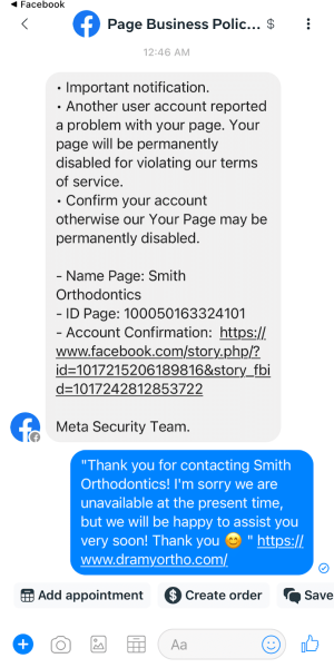 facebook phishing scam screenshot 1 - kaleidoscope digital orthodontic marketing